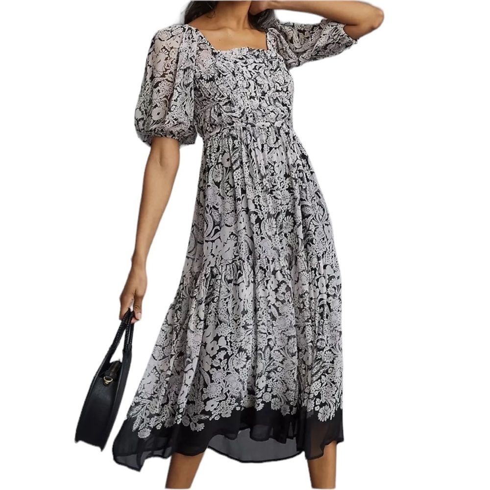 Anthropologie Squareneck Smocked Puff Sleeve Midi Dress Sz M Black White Cottage